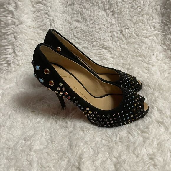 Giuseppe Zanotti Black Suede multi color  studs Peep Toe Platform Pumps EUR SZ37 - Picture 2 of 10